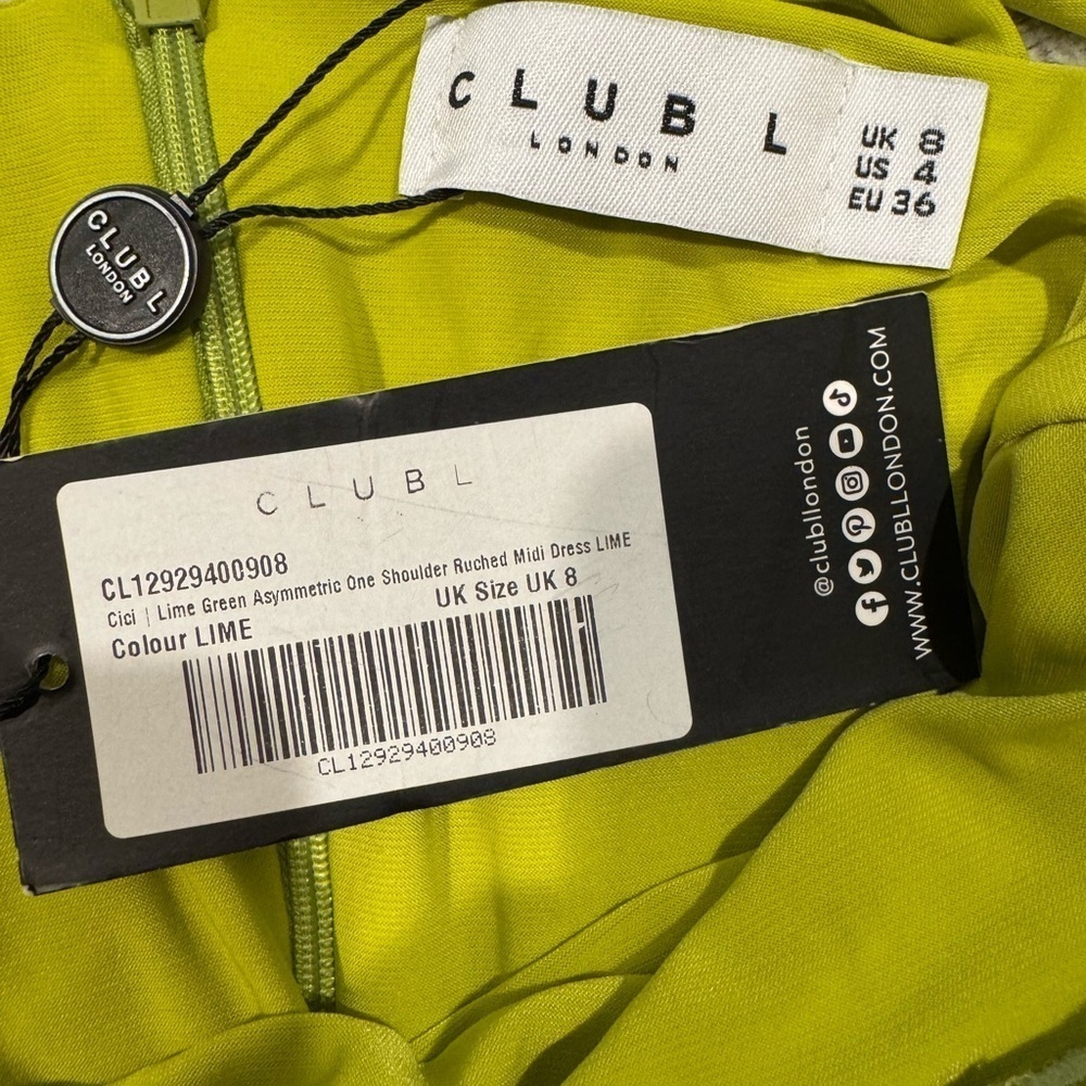Club L London Rouched Lime green Asymetric Shoulder Midi Dress Size Us 4 NWT - Picture 7 of 7
